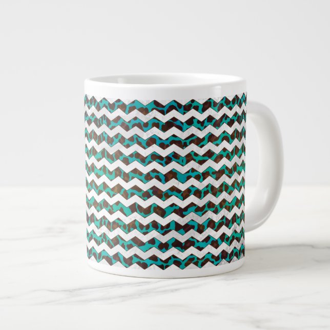 Chevron Leopard Brown and Teal Print Large Coffee Mug (Front Right)