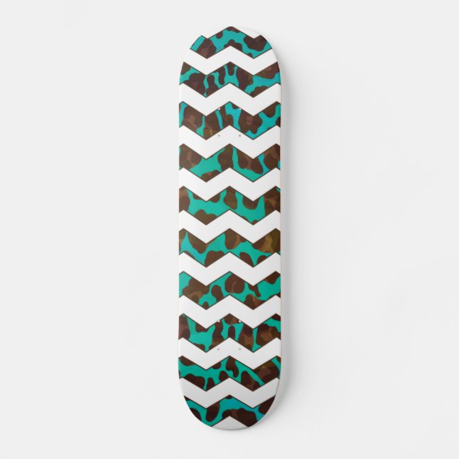 Chevron Leopard Brown and Teal Print Skateboard (Front)