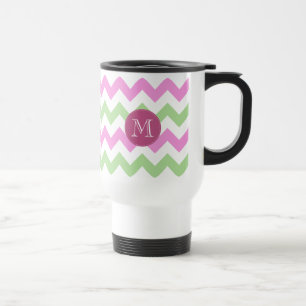 Chevron Light Pink Green Monogram Circle Stitches Travel Mug