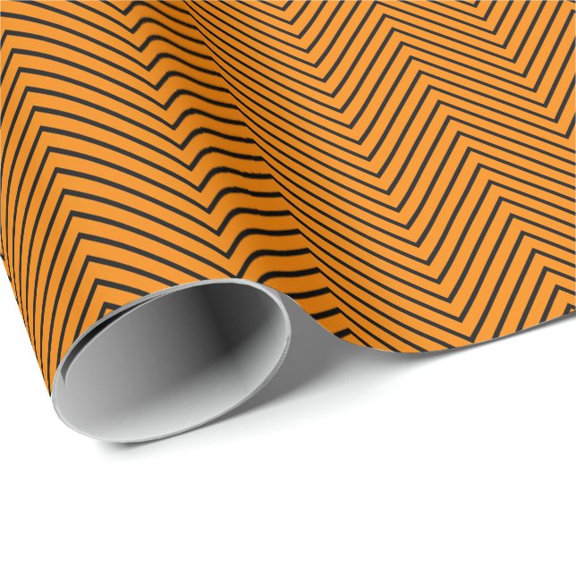 Chevron Line Wrapping Paper - Black on Orange (Roll Corner)