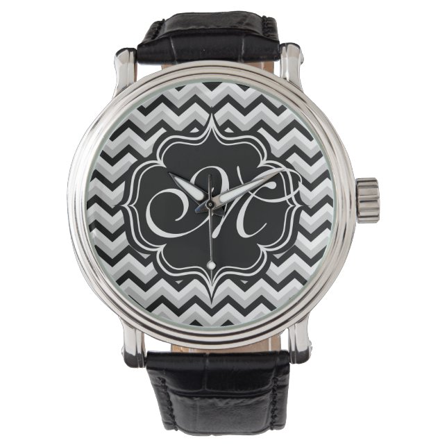 Chevron Modern Black and White ZigZag Monogram Watch (Front)