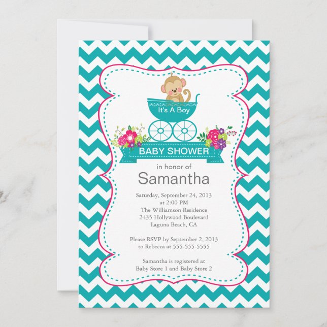 Chevron Monkey In Carriage Boys Baby Shower Invitation (Front)