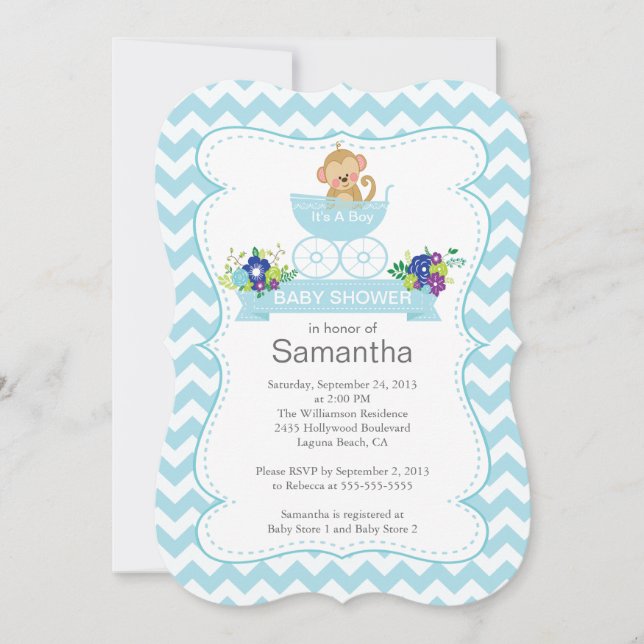 Chevron Monkey In Carriage Boys Baby Shower Invitation (Front)