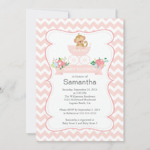 Chevron Monkey In Carriage Girls Baby Shower Invitation