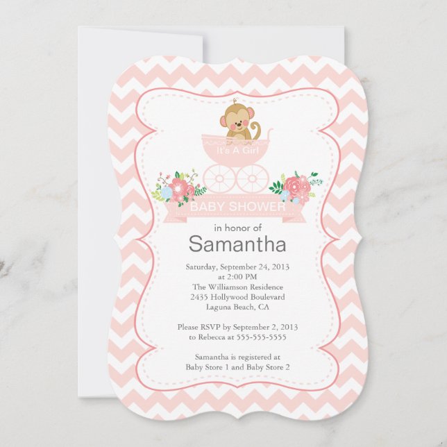 Chevron Monkey In Carriage Girls Baby Shower Invitation (Front)