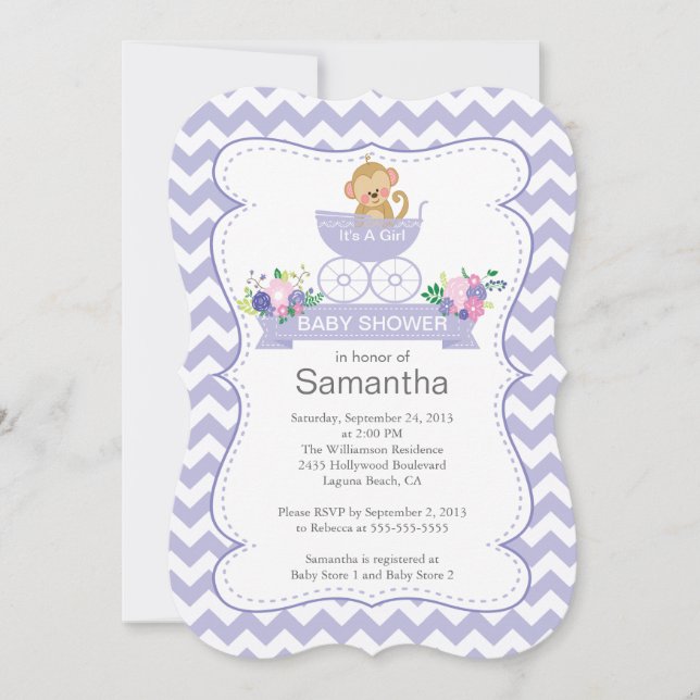 Chevron Monkey In Carriage Girls Baby Shower Invitation (Front)