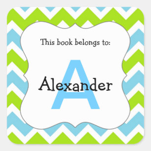 Chevron Monogram Bookplate Sticker blue green