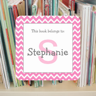 Chevron Monogram Bookplate Sticker pink and grey