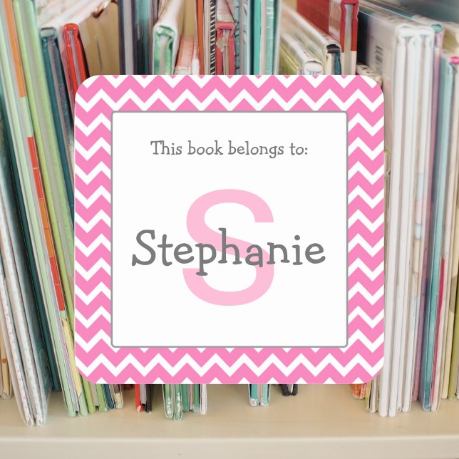 Chevron Monogram Bookplate Sticker pink and grey (Creator Uploaded)
