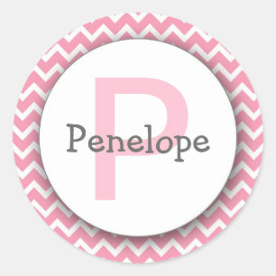 Chevron Monogram Bookplate Sticker pink white