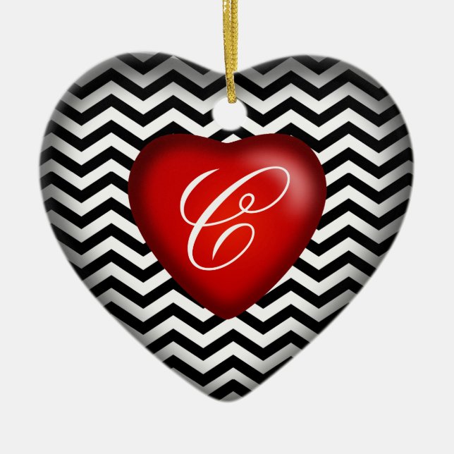 Chevron Monogram Heart | black white red Ceramic Tree Decoration (Front)