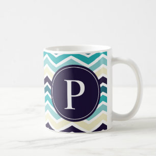 Chevron Monogram Navy Blue Cream Coffee Mug