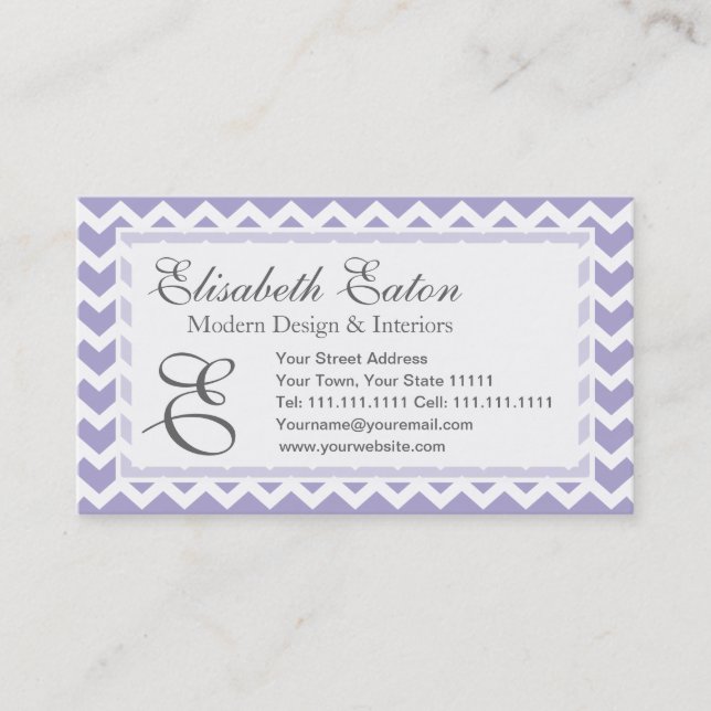 Chevron Monogram Retro Purple and White Business Card (Front)