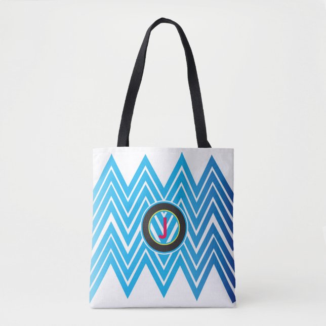 Chevron Monogrammed Ice Blue Tote Bag (Front)
