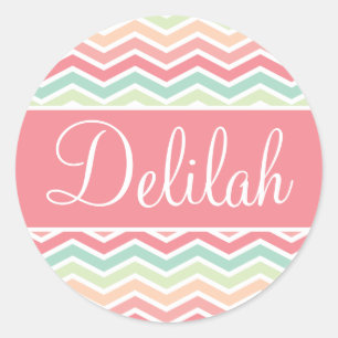 Chevron Name Pastel Pink Green Classic Round Sticker