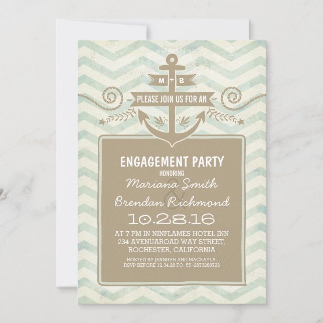 Chevron nautical anchor engagement party invites (Front)