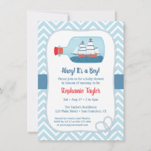 Chevron Nautical Ship in Bottle Baby Shower Invitation