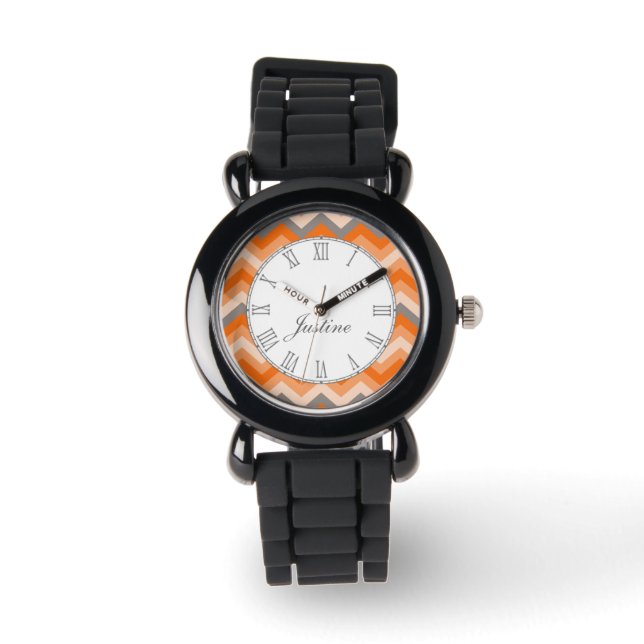 Chevron orange and grey print name wrist watch (Front)