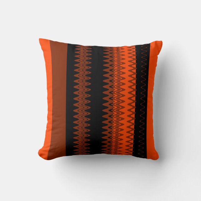 Chevron Orange, Black Zigzag Stripes Art Design Cushion (Front)