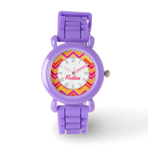 Chevron orange, pink & red print name wrist watch