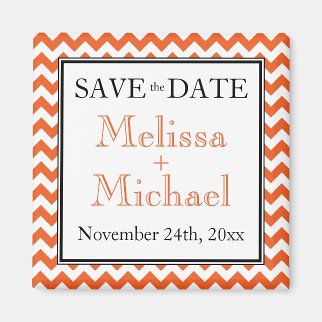 Chevron Orange & White Save the Date magnet (Front)