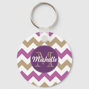 Chevron Orchid Champagne Monogram Circle Stitches Key Ring