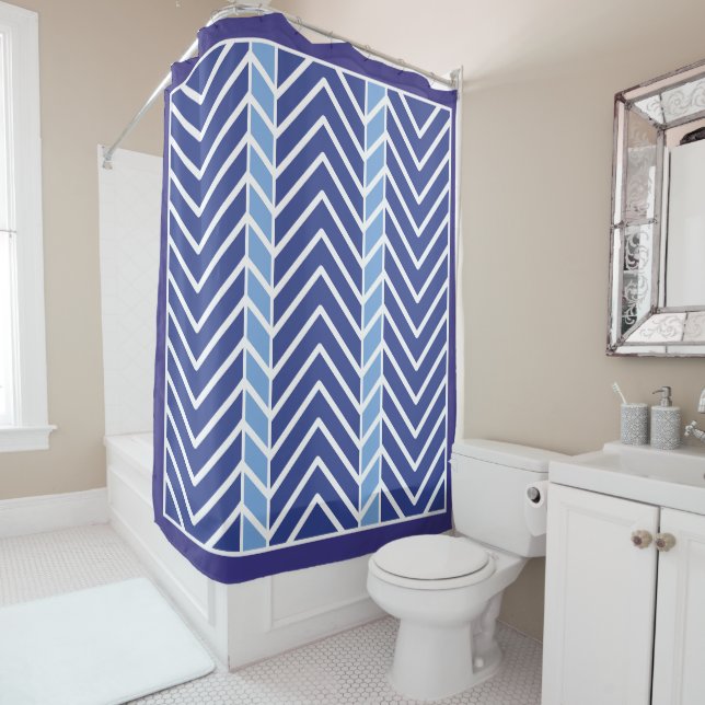 Chevron Pattern Blue Shower Curtain (In Situ)