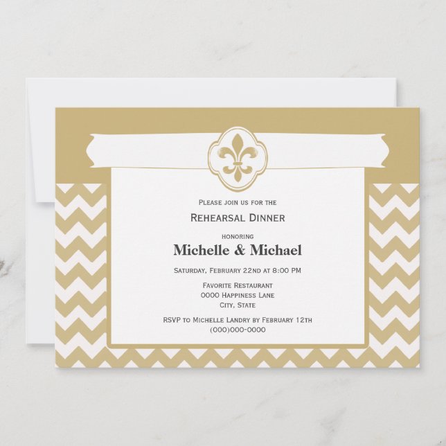 Chevron Pattern Fleur de Lis Event Gold White Invitation (Front)