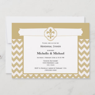 Chevron Pattern Fleur de Lis Event Gold White Invitation