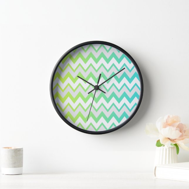 Chevron pattern green teal aqua ombre elegant clock (Home)