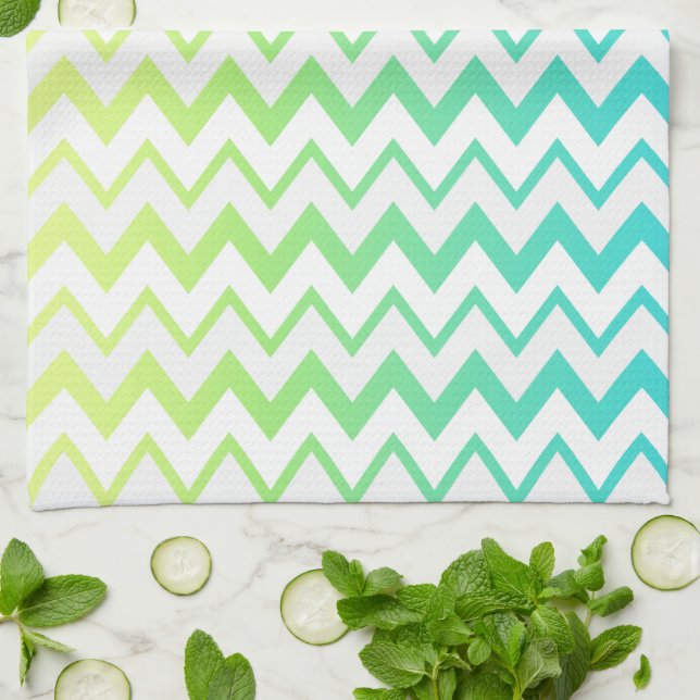 Chevron pattern green teal aqua ombre elegant tea towel (Folded)