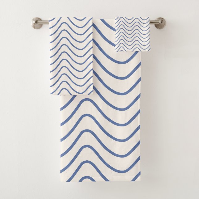 Chevron Pattern Minimal Line Blue on Cream White Bath Towel Set (Insitu)