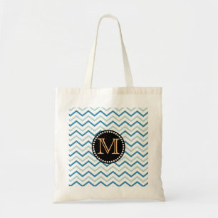 Chevron Pattern Monogram Sea Blue Grey Tote Bag