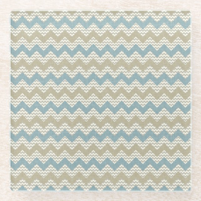 Chevron pattern on linen texture glass coaster (Front)