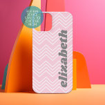Chevron Pattern - Pink funky Script Name iPhone 15 Case<br><div class="desc">A trendy chevron pattern with a modern script name on the side.
If your art still needs to be adjusted,  click on the Customise This button. This will take you to a design area where you can move things around and even change fonts!</div>