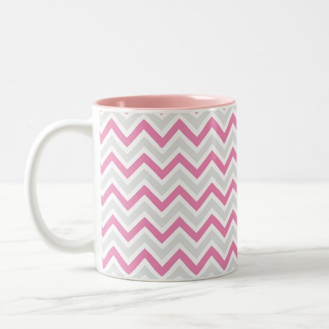 Chevron Pattern Pink & Grey Modern Two-Tone Coffee Mug (Left)