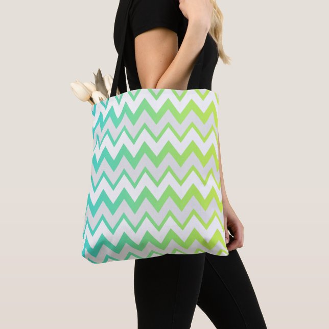 Chevron pattern stripes lime teal aqua ombre tote bag (Close Up)