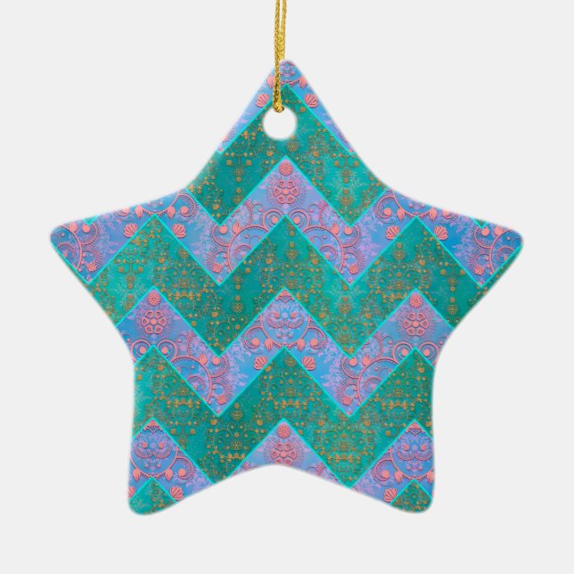 Chevron Pattern Turquoise Purple Blue Damask Ceramic Tree Decoration (Front)