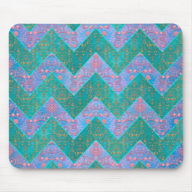 Chevron Pattern Turquoise Purple Blue Damask Mouse Mat (Front)