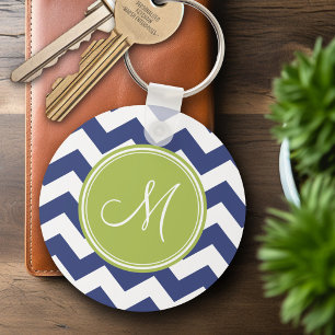 Chevron Pattern with Monogram - Navy Lime Key Ring