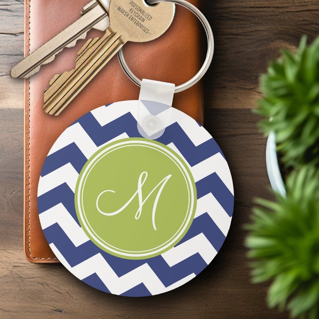 Chevron Pattern with Monogram - Navy Lime Key Ring (Personalized Keychain - Add Name or Monogram)