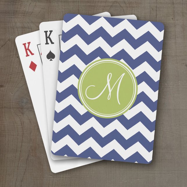 Chevron Pattern with Monogram - Navy Lime Playing Cards (Personalized Playing Cards)