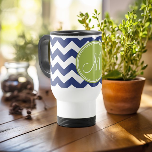 Chevron Pattern with Monogram - Navy Lime Travel Mug (Personalized travel mug - add photos and text or customize completely)
