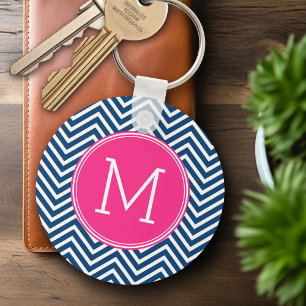 Chevron Pattern with Monogram - Navy Magenta Key Ring