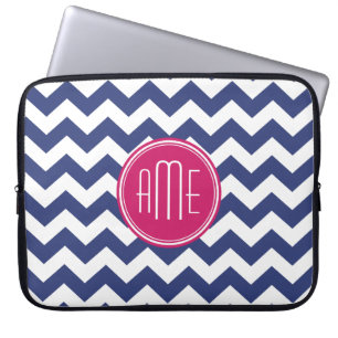 Chevron Pattern with Monogram - Navy Magenta Laptop Sleeve