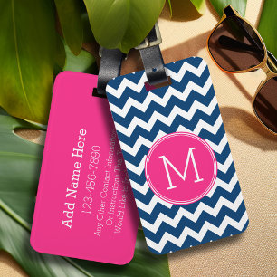 Chevron Pattern with Monogram - Navy Magenta Luggage Tag