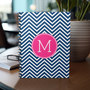 Chevron Pattern with Monogram - Navy Magenta Notebook
