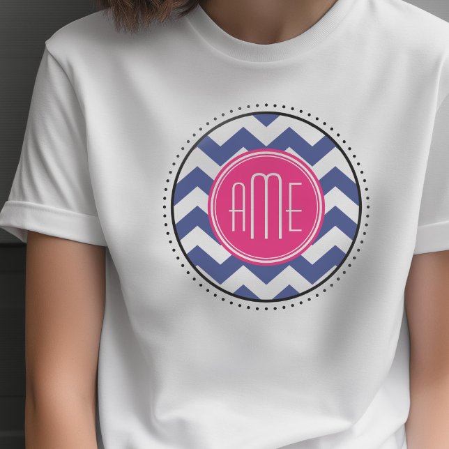 Chevron Pattern with Monogram - Navy Magenta T-Shirt (Custom Photo T-shirt)