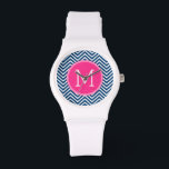 Chevron Pattern with Monogram - Navy Magenta Watch<br><div class="desc">A popular design with an area to add your initials. Trendy colours and patterns for your phone. If you need to adjust the monograms,  click on the customise button and make changes.</div>