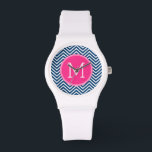 Chevron Pattern with Monogram - Navy Magenta Watch<br><div class="desc">A popular design with an area to add your initials. Trendy colours and patterns for your phone. If you need to adjust the monograms,  click on the customise button and make changes.</div>